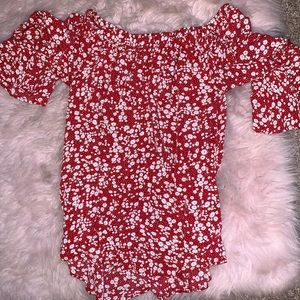 Red floral off the shoulder blouse bell sleeves